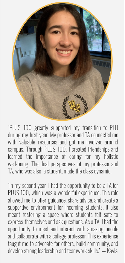 Student testimonial with headshot picture by former PLUS 100 student & TA Kayla